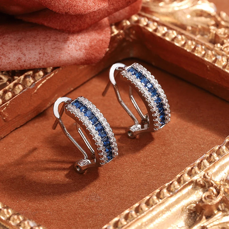 Sterling Silver Stud Earrings Blue Zircon — Blue | KIMLUD