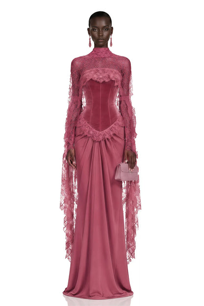 Mermaid Prom Dress – High Neck Lace – Mermaid Silhouette – Dusty Rose | KIMLUD
