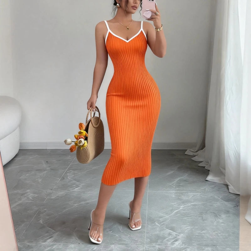 Knit Ribbed Midi Bodycon Dress For Summer — Pink | KIMLUD