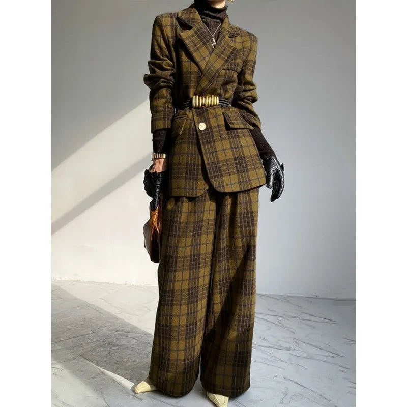 Woolen Blend Jacket Plaid Notch Collar Long Sleeve — Charcoal | KIMLUD