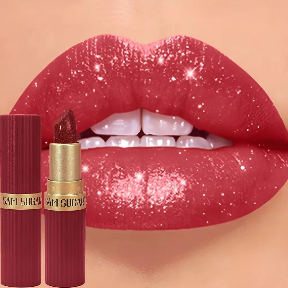 6 Colors Gold Bar Tube Lipstick Diamond Pearlescent Glitter Gold Pink Lips Stick Long-Lasting Non-Sticky High-Shine Makeup