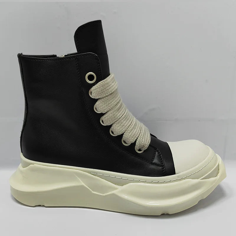 Mid-Calf Motorcycle Boots – High Heel – Leather – Black White | KIMLUD