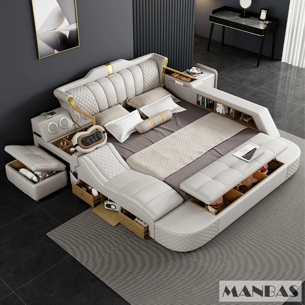 Modern Tech Smart Genuine Leather Bed with Massage, Bluetooth Speakers & USB – Luxury Multifunctional King Size Bed with Ottoman