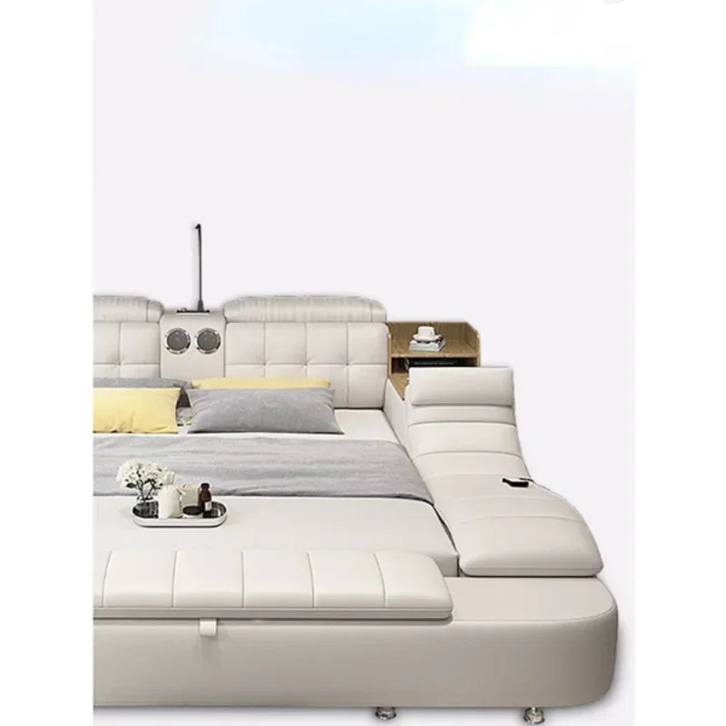 -Genuine Leather Bed Frame Soft Beds Massager Storage Safe Speaker Led Light Bedroom Recharging Bluetooth Safe Usb