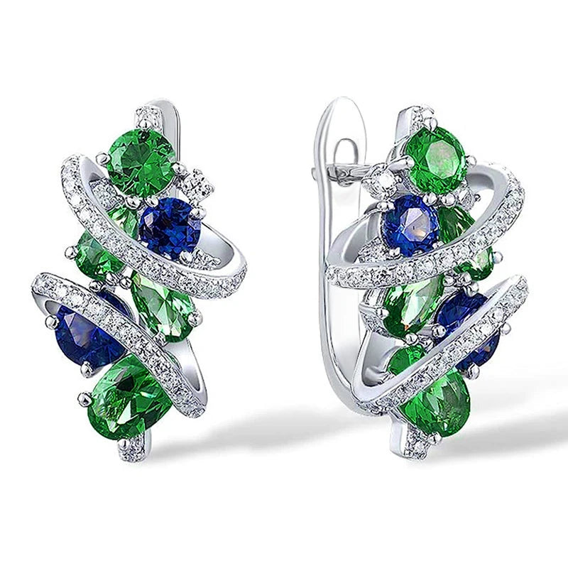Cubic Zirconia Hoop Earrings Elegant Bridal Style — Green/Blue | KIMLUD