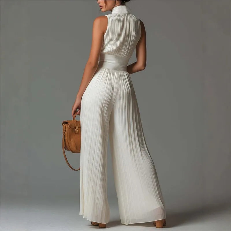 Deep-V Neck Jumpsuit Hollow Zip Pleated — Ivory | KIMLUD