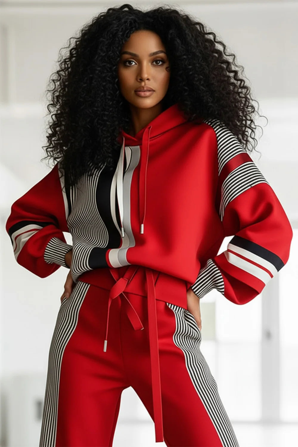 Hooded Plus-Size Striped Ruched Sweatshirt — Red | KIMLUD