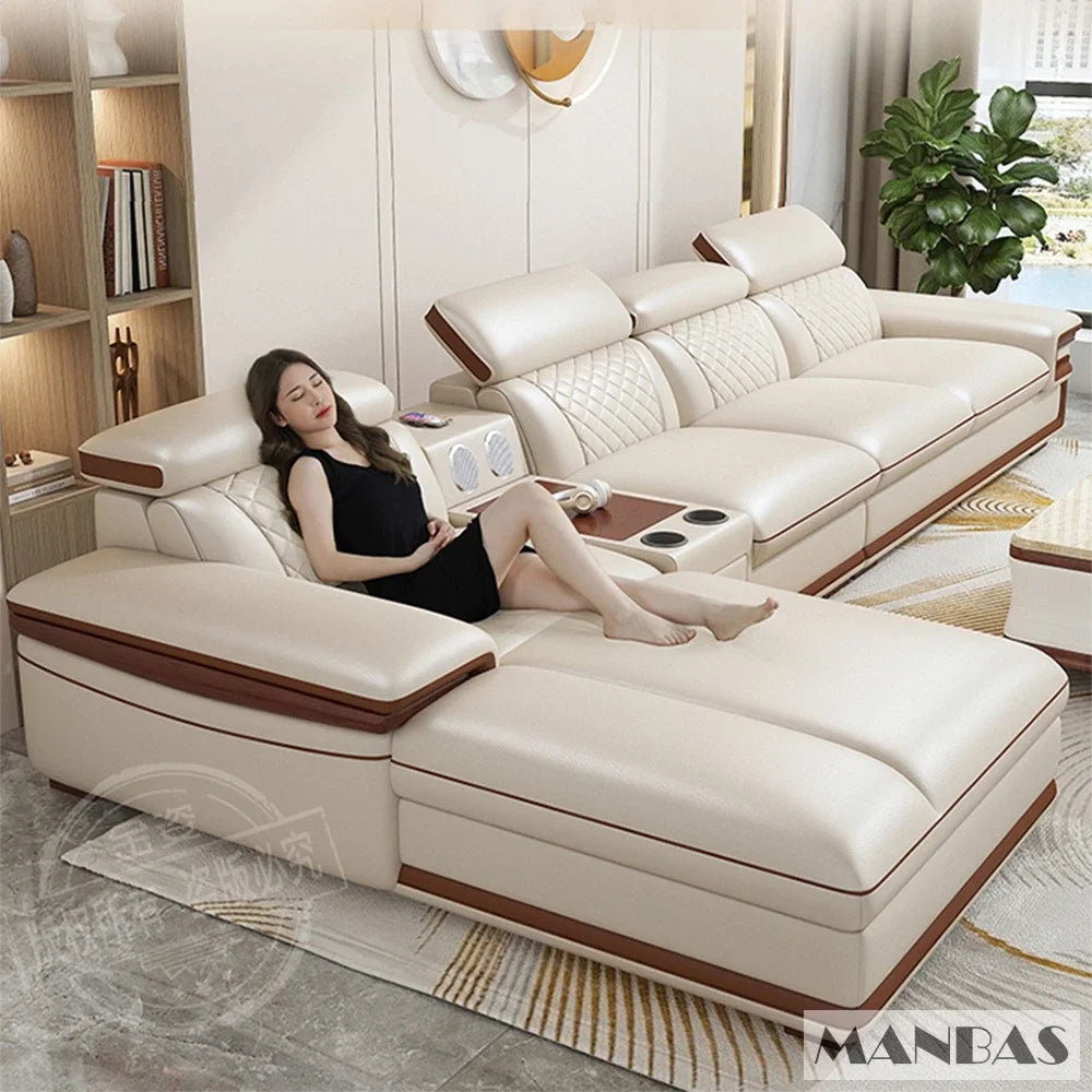 Genuine Italian Leather Sofa Set With Adjustable Headrests — Ivory | KIMLUD