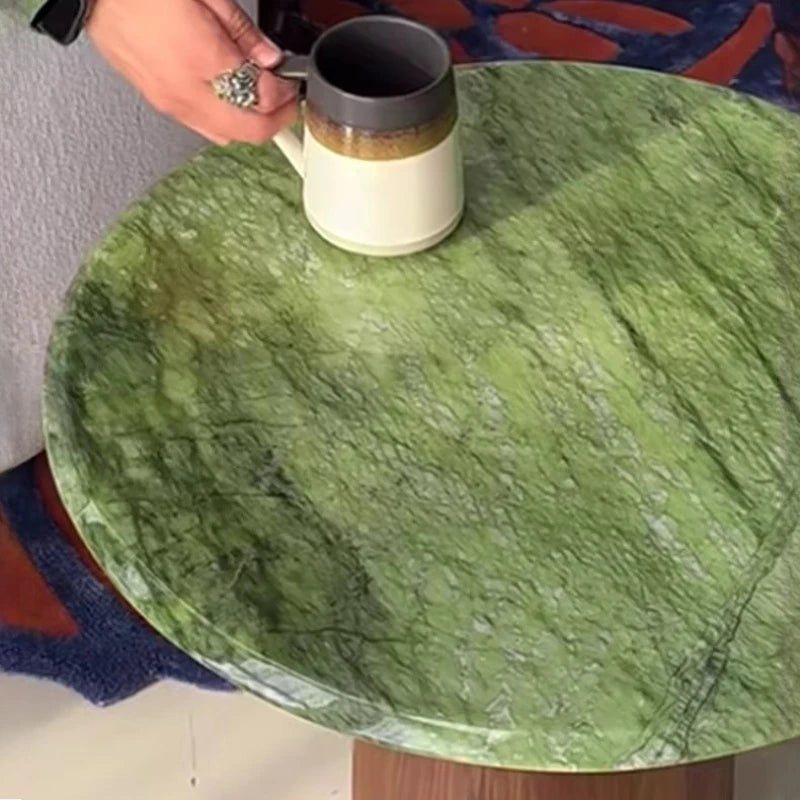 Marble-Look Round Coffee Table Solid-Wood Pedestal — Emerald Green | KIMLUD
