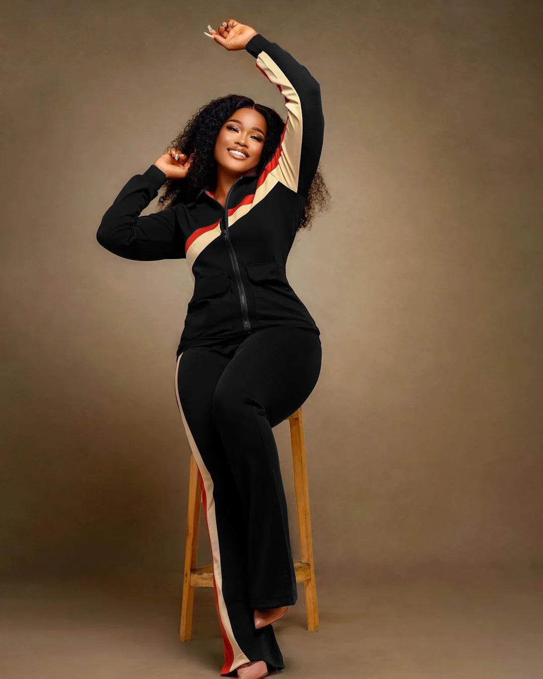 Casual Spor Women's Faion Set TW52 Long Sve Polyester Pants Striped Patchwork Independent Station Cross-Border