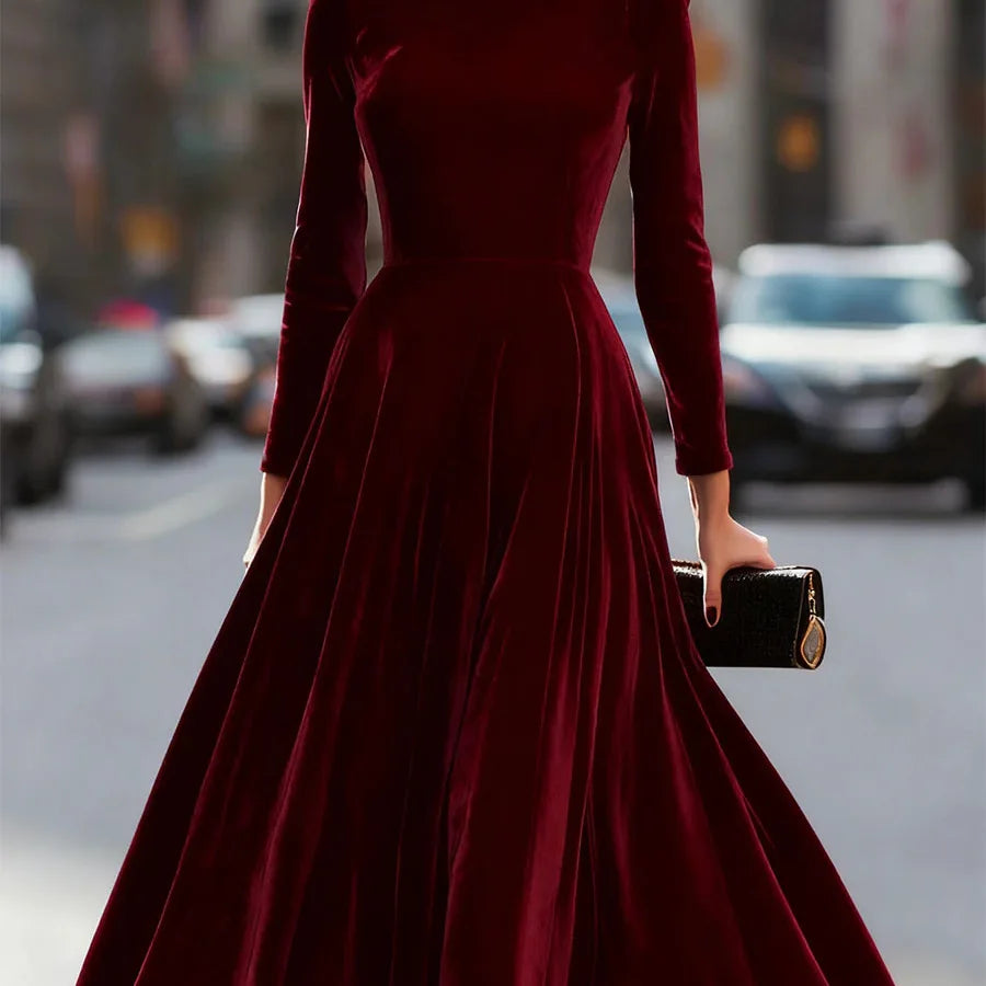 Velvet Dress Long Sleeve Round-Neck Midi — Navy | KIMLUD