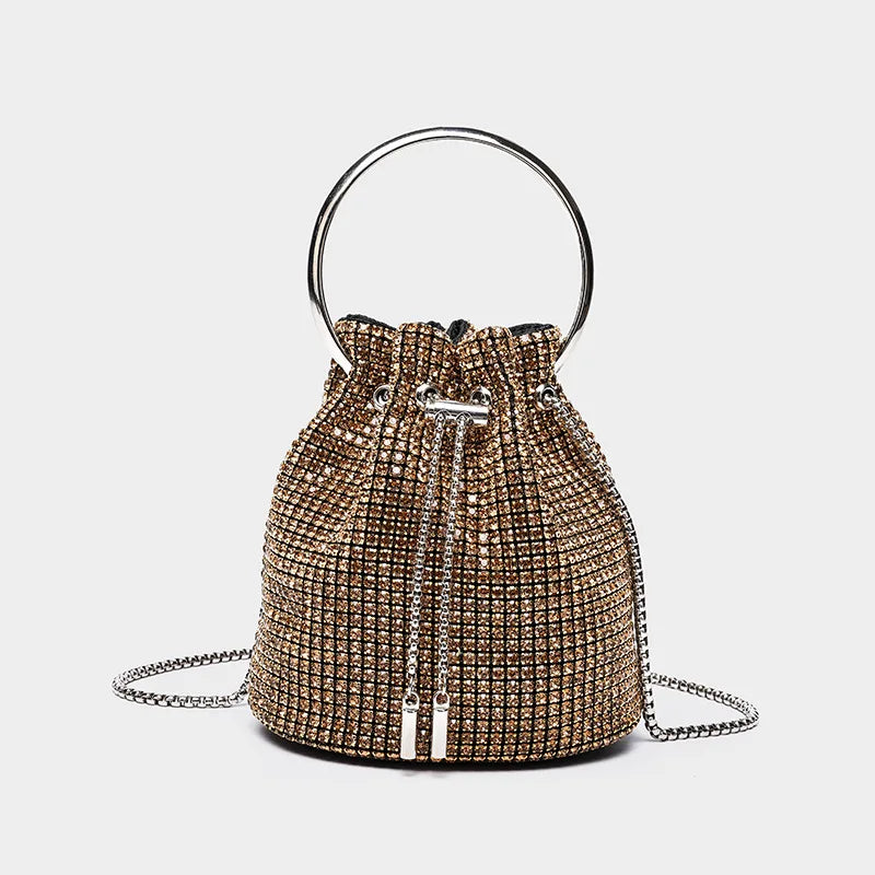 Diamond-Embellished Bucket Bag Water Drop — Champagne Gold | KIMLUD