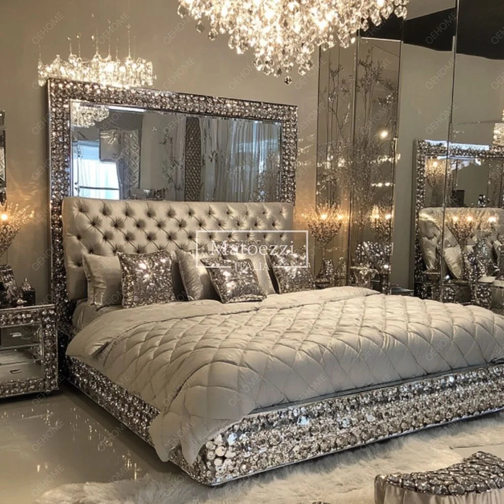 Modern Diamond Mirror Bed Bedroom or Hotel Villa Luxury Bedroom Furniture