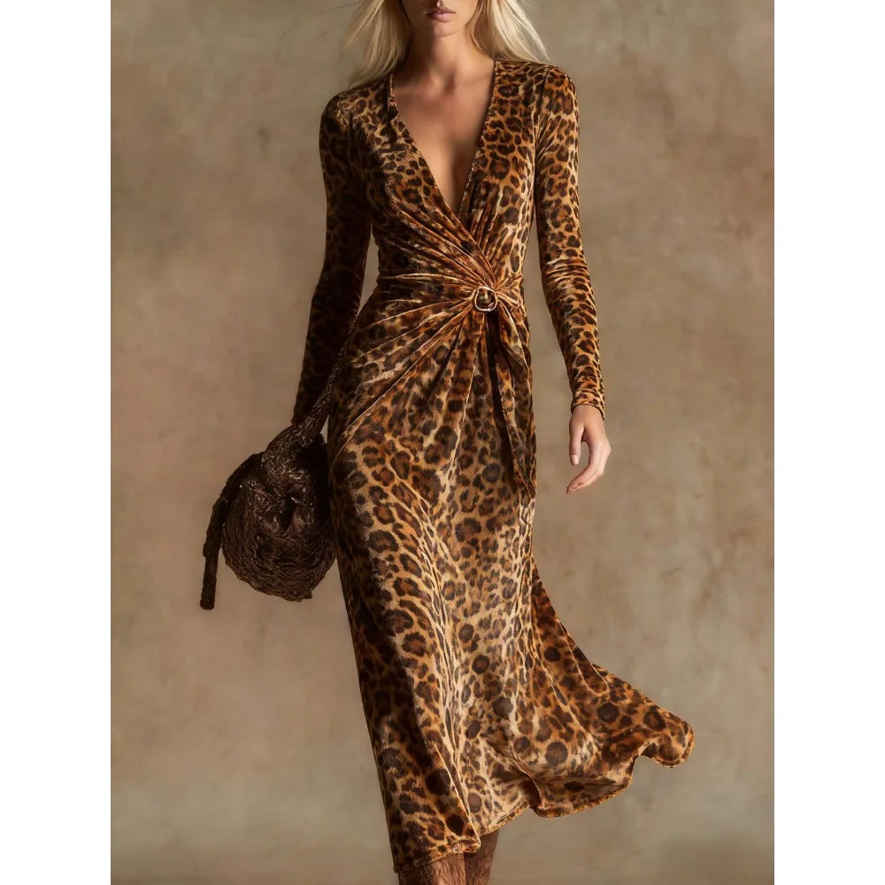 Leopard Print Maxi Dress – Twist Front – Polyester – Leopard | KIMLUD