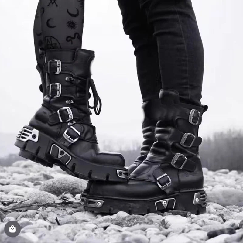 Genuine Leather Motorcycle Boots Goth Skull Embellishment With Metal Hardware — Black | KIMLUD