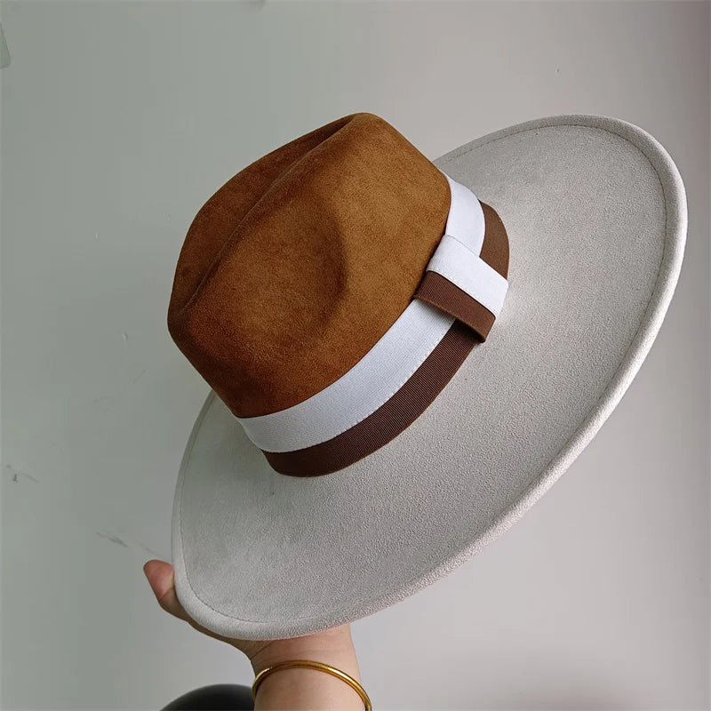 Suede Colorblock Wide-Brim Unisex Hat — Brown | KIMLUD