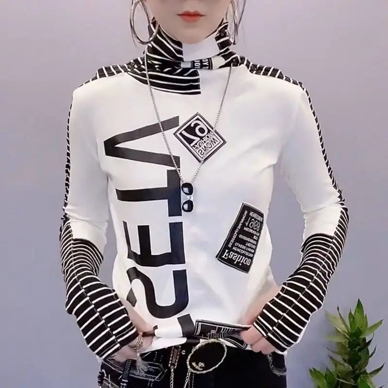 Fashion Printed Spliced Letter Striped Casual Tee Shirt Female Clothing 2025 Autumn Winter All-match Pullovers Korean T-Shirts