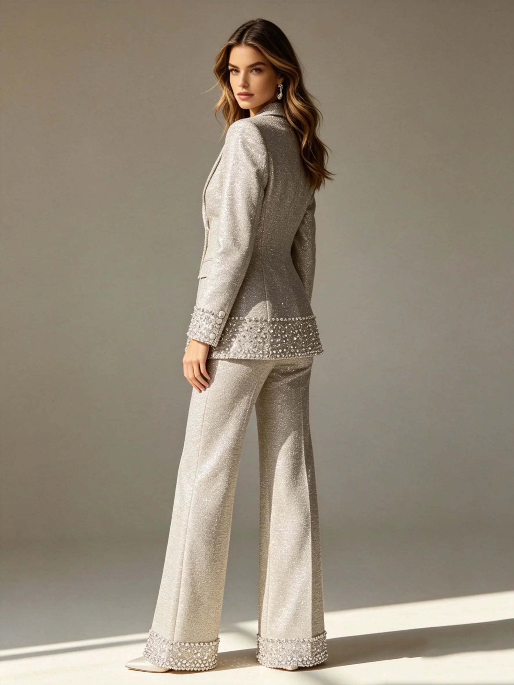 Crystal Embellished Pearl Suit Set — Champagne | KIMLUD