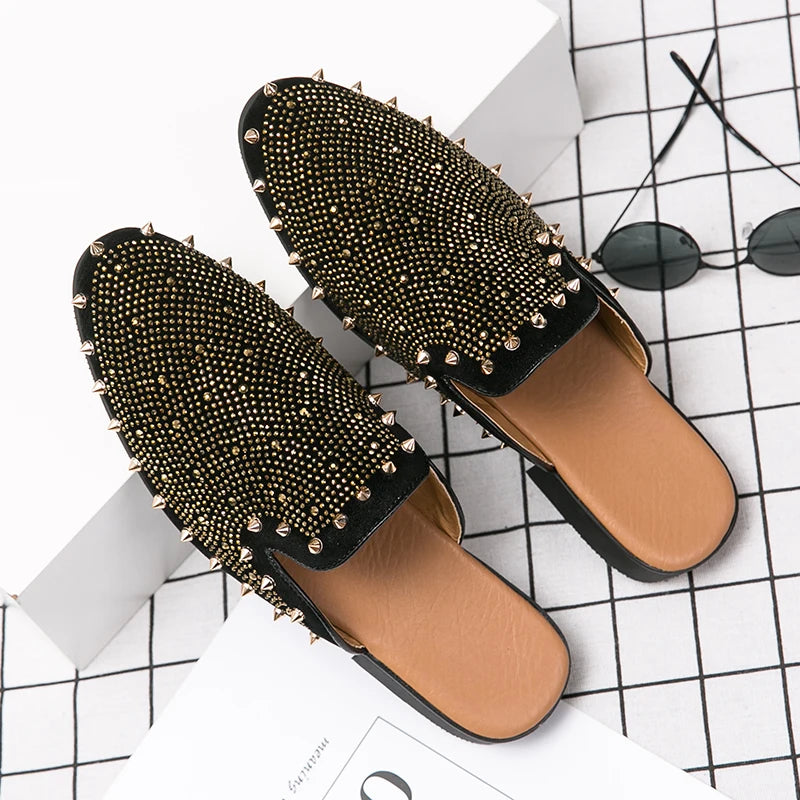 Patent Leather Mules With Gold Rivet Rhinestones And Punk Edge For Nightlife — Black | KIMLUD