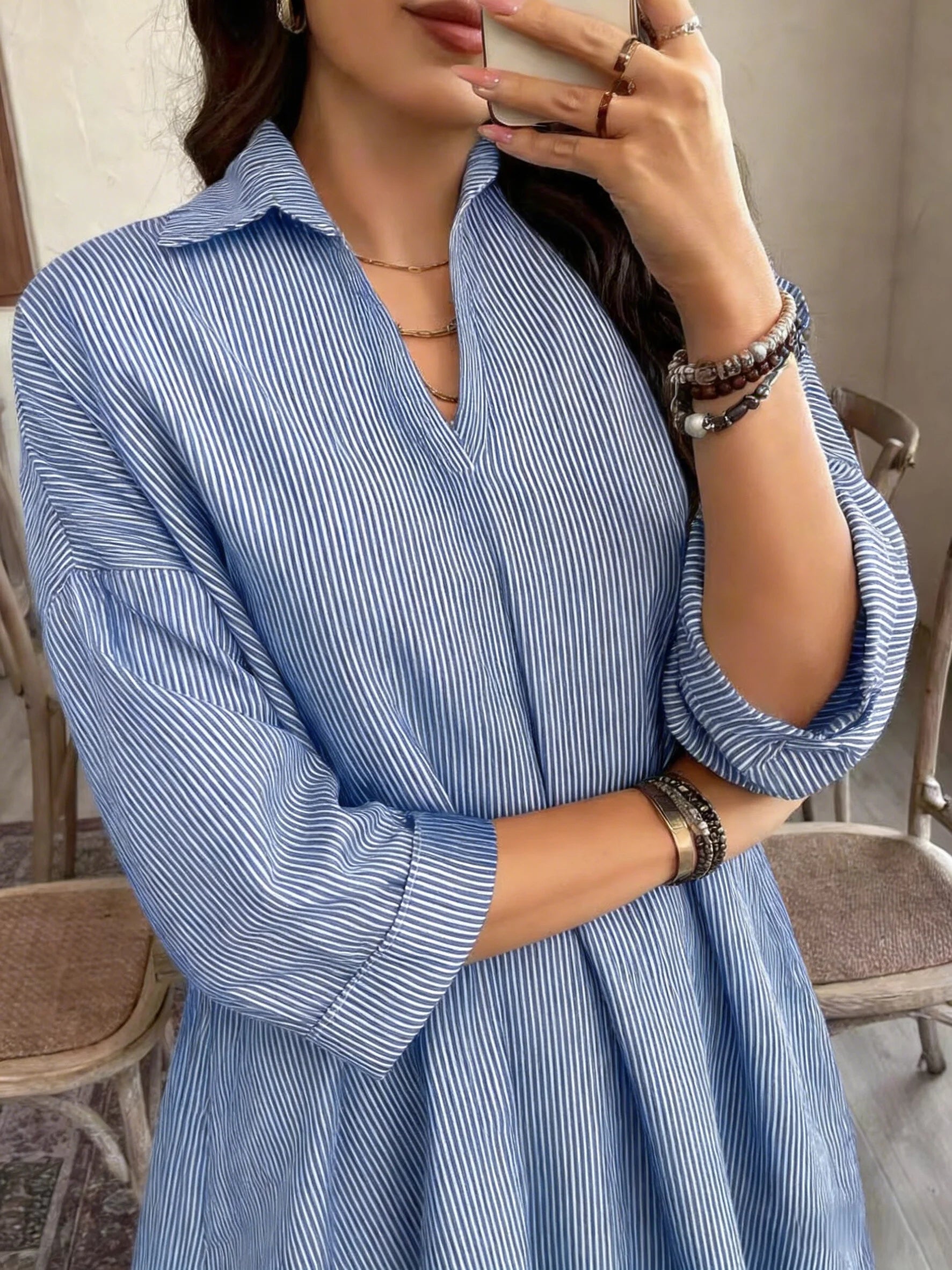 Pinstriped Maxi Dress Shirt Collar With Airy Draped Silhouette — Light Blue | KIMLUD