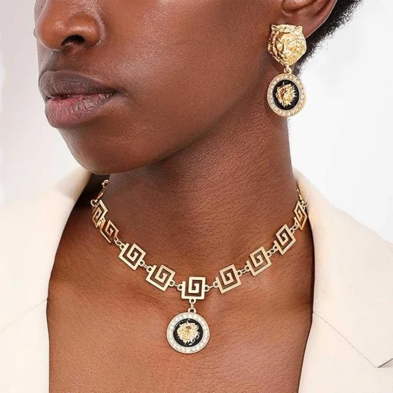 Metal Lion Head Necklace Earrings Set — Gold | KIMLUD