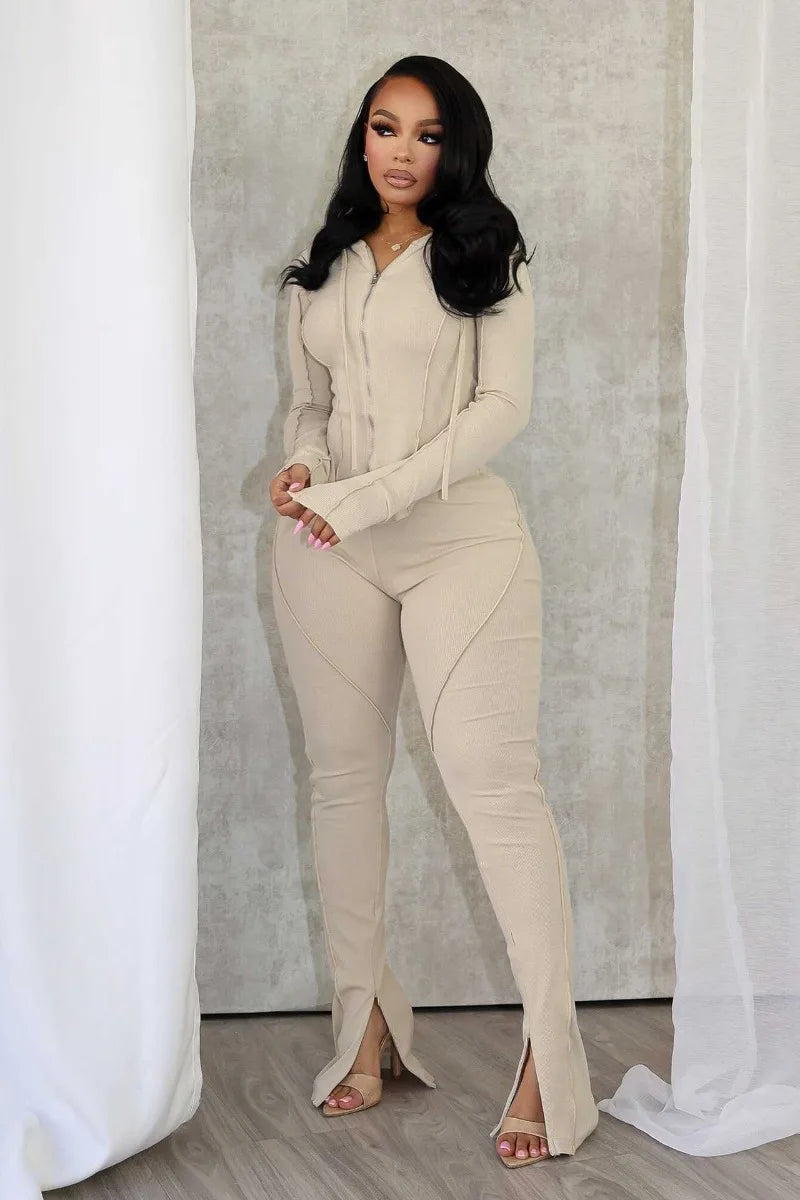 Splicing Lines Ribbed 2 Piece Set Women Tracksuits Long Sleeve Zipper Hooded Jackets Tops + Slit Flare Pants Slim Casual Suits