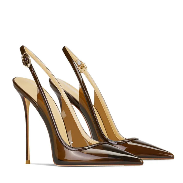 Patent Leather Stone Pattern Slingback Stiletto Heels — Brown | KIMLUD