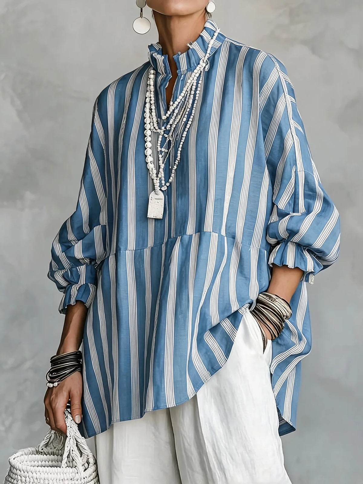 Blouse – Stripes Print – Loose Silhouette – Autumn Casual | KIMLUD