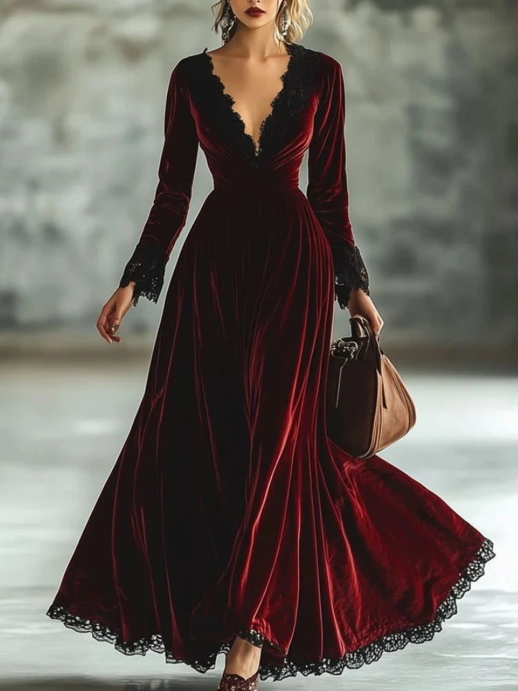 Velvet Dress V-Neck Pleated A-Line Evening Gown With Vintage Lace Hem And High Waist — Burgundy | KIMLUD