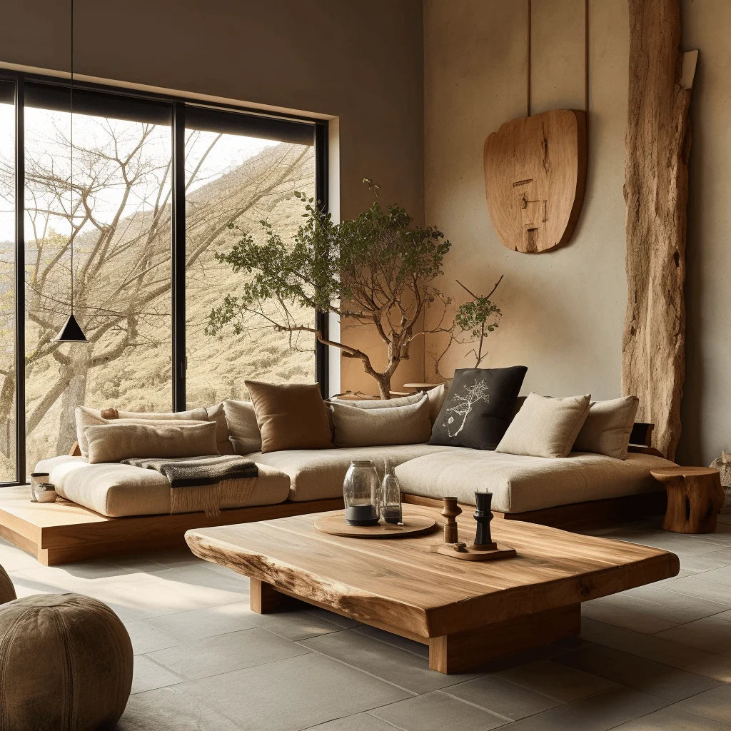 Solid Wood Wabi-Sabi L-Shaped Sofa With Log-Inspired Silhouette — Cream | KIMLUD