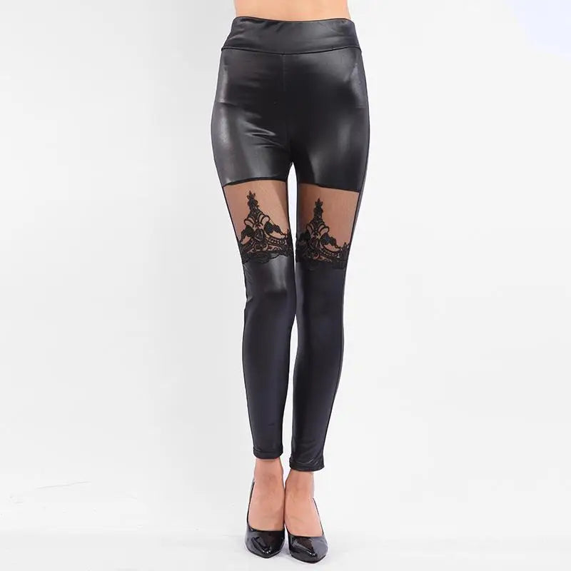 Lace Leather Patchwork Crop Pants Leggings — Black | KIMLUD