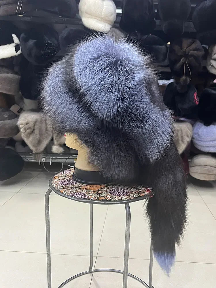 Winter Fur Women Hat with Tail Real Fox Fur Hat Luxury Raccoon Fur Beanies Warm Ear Protect Unisex Bomber Hat Wholesale Bonnets