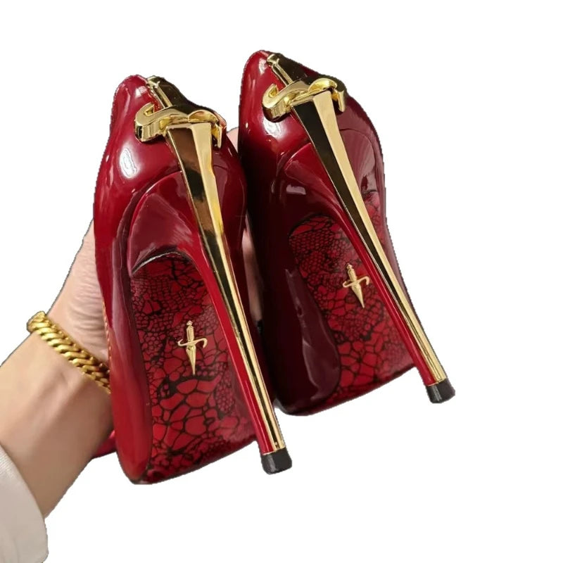 Super Fiber Leather High Heels Power-Sword Snake-Patterned — Red | KIMLUD