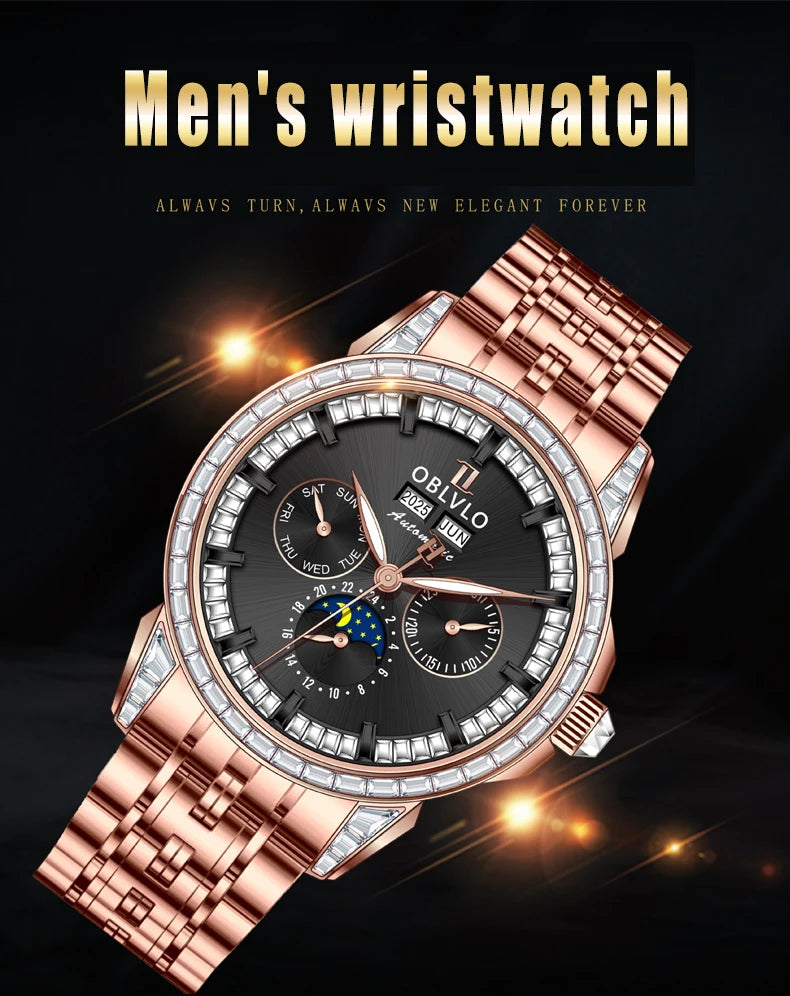 Moonphase Automatic Leather Strap Watch Complete Calendar — Red | KIMLUD