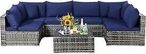 7 Pieces Patio Furniture Set, Patiojoy All-Weather Outdoor Rattan Sectional Sofa Set with Cushions and Tempered Glass Coffee Ta