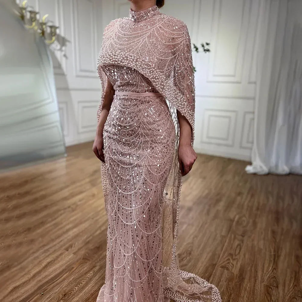 Beaded Gown With Mermaid Cape — Dubai Nude | KIMLUD