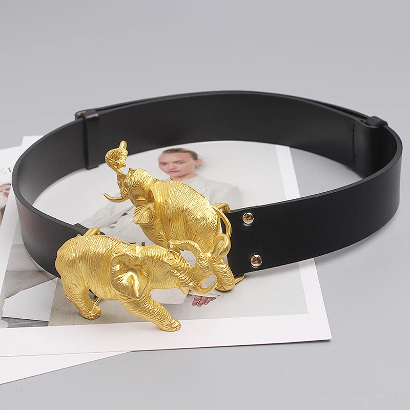 Fashion Real Leather Belts for Women Luxury Designer Female Waist Elastic Corset Belt Gold Heavy Elephant Metal Buckle