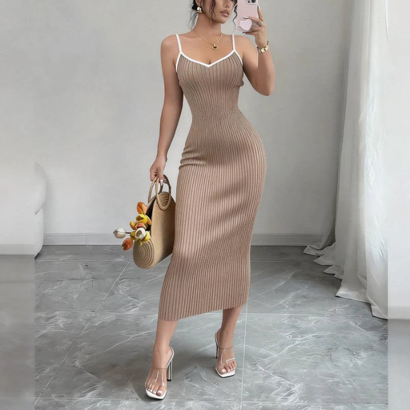 Knit Ribbed Midi Bodycon Dress For Summer — Pink | KIMLUD