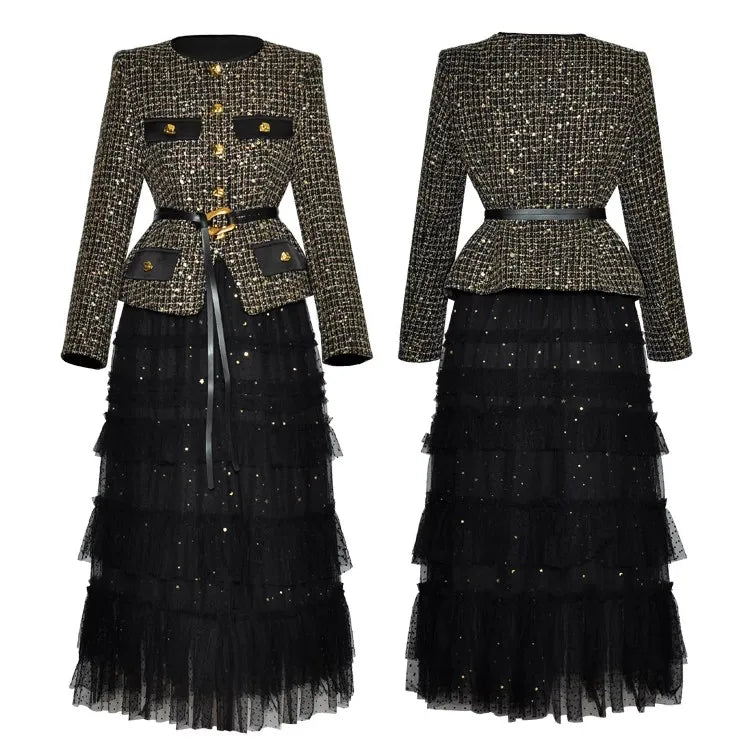 Two-Piece Set – Plaid Jacket And Mesh Ruffle Skirt – O-Neck Long Sleeve | KIMLUD