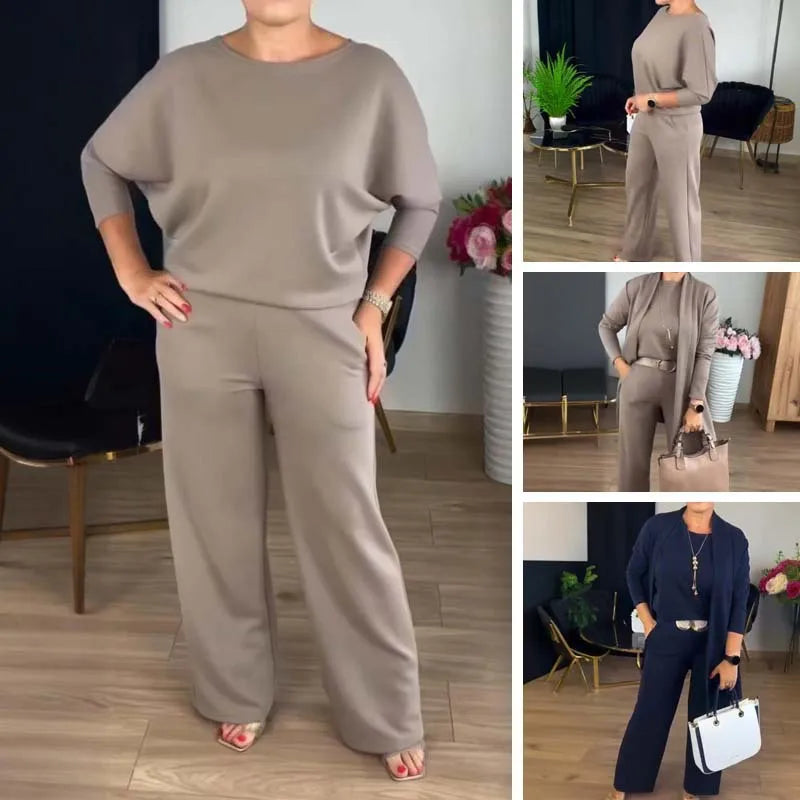 Three Piece Pant Set – Round Neck Top and Coat – Wide Leg High Waist – Broadcloth | KIMLUD