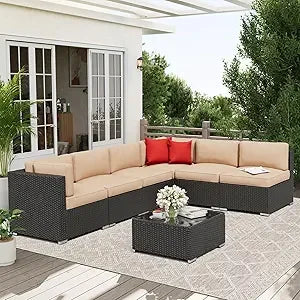 Rattan Outdoor Sofa Set 7-Piece With Glass Top Table — Red | KIMLUD