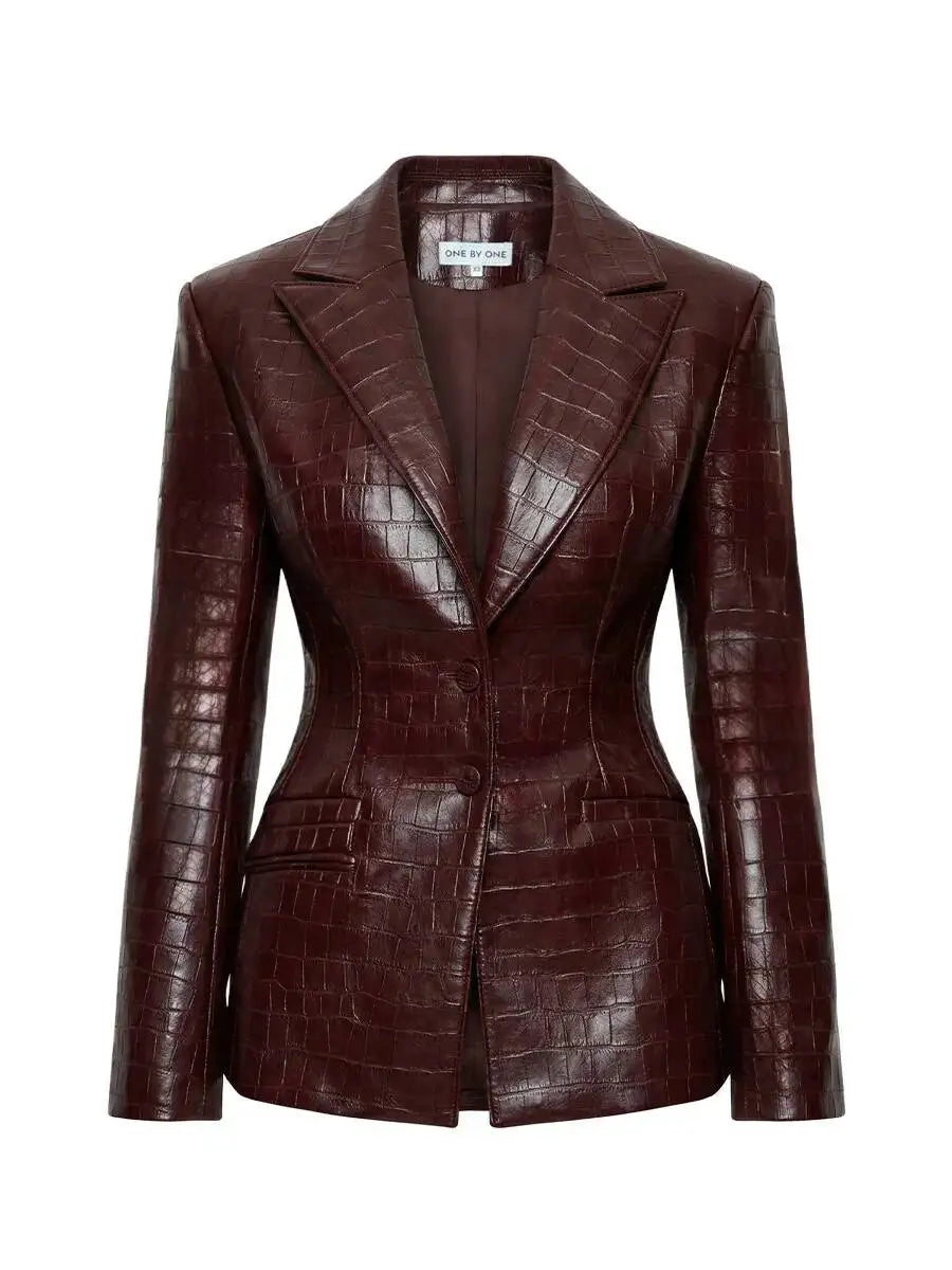 2 Piece Suit Set – Slim Blazer – Croc Faux Leather – Burgundy | KIMLUD