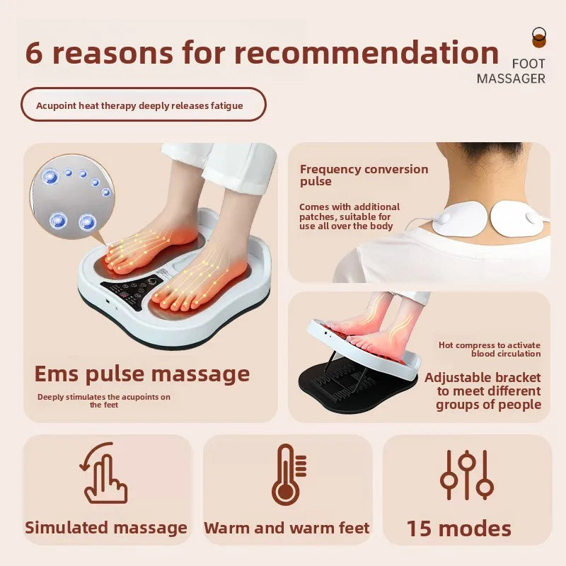15 Modes EMS Foot Massager Muscle Stretch Hot Compress Acupoints Deep Massage Feet Massager Pulse Microcurrent Therapy Machine
