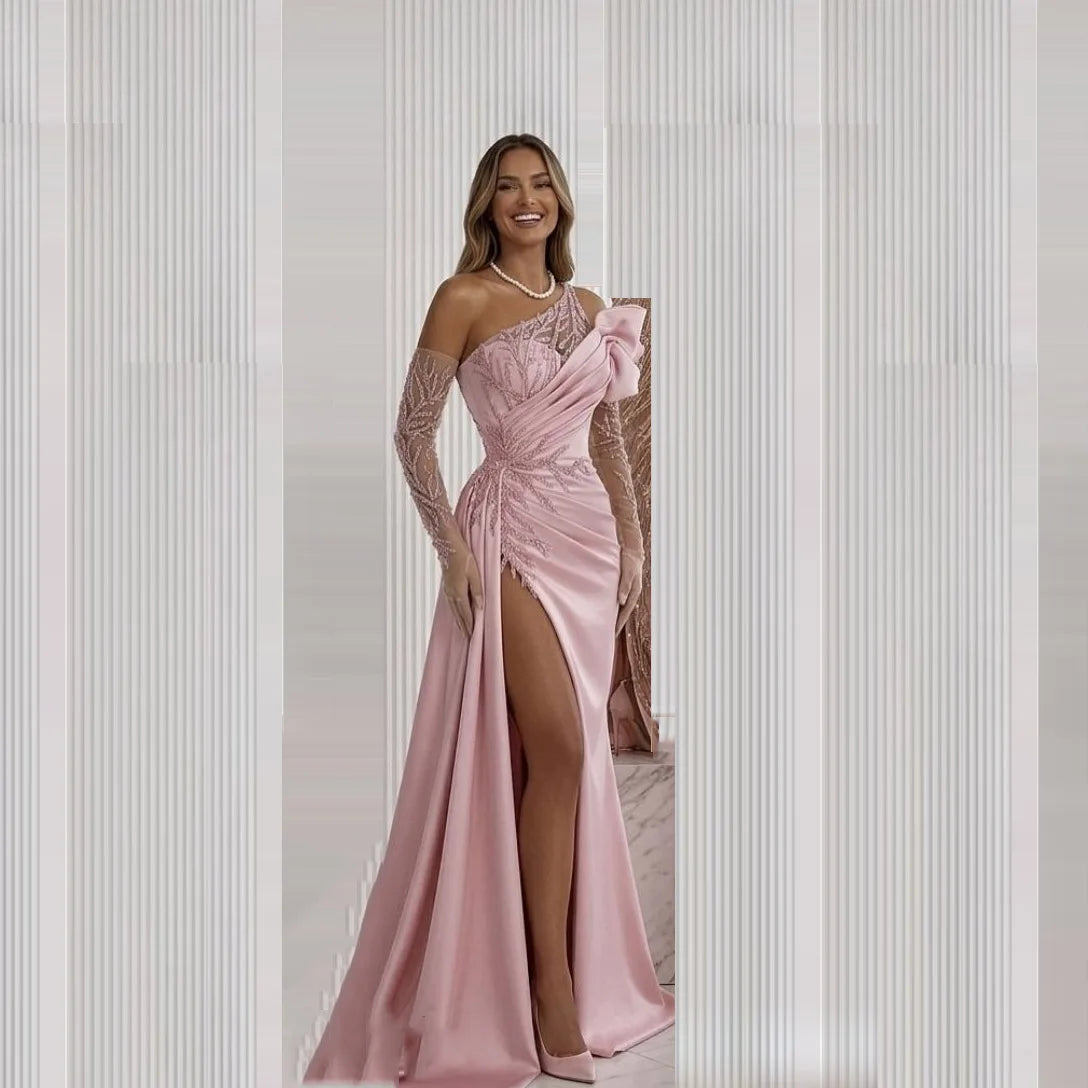 Pink Off Shoulder Mermaid Evening Dresses with Gloves Beading Gorgeous Prom Gowns Side Split Long Formal Dress Customized