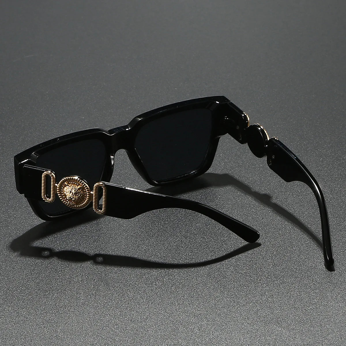 Square Polycarbonate Sunglasses Gold-Tone Lion Motif — Black | KIMLUD