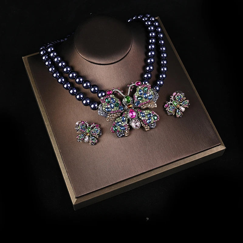 HD European and American  Sweet Retro Heavy Industry Elegant Literary Sparkling Rhinestone Butterfly Necklace Stud Earrings