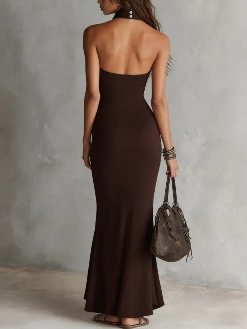 Long Skirt – Sleeveless High Neck Slit – Polyester | KIMLUD