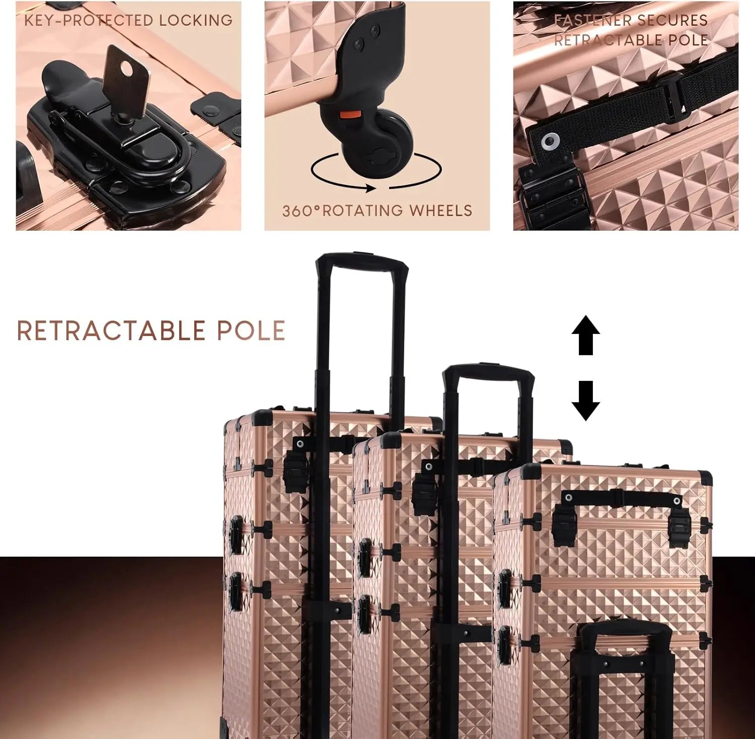 Rolling Makeup Train Case 3 in 1 Professional Cosmetic Trolley Large Storage keys Wheels Case Cart Trunk for Make Up Nail Tech