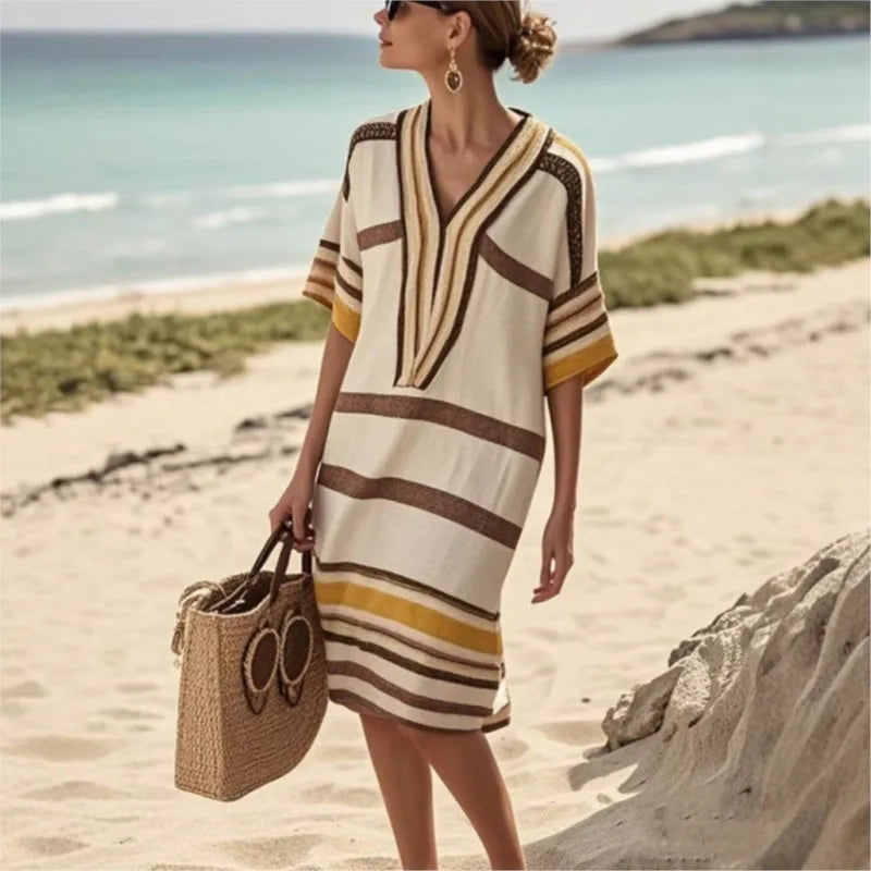 2025 New Vintage Stripe Print Midi Dress Summer Casual Short Sleeve V Neck Vacation Dress For Woman Spring Loose Commute Dresses