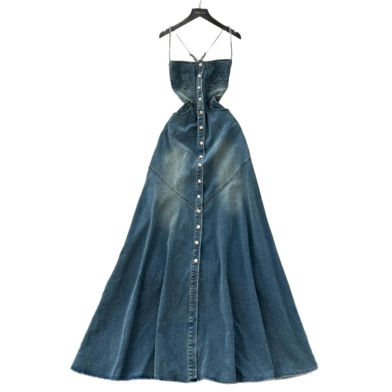 Denim-Inspired Polyester Long Dress Strapless A-Line Silhouette With Sculpted Draping — Blue | KIMLUD